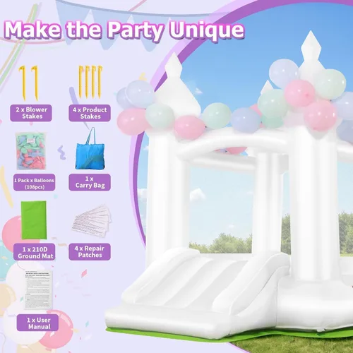 Miniatura 4 de Casa inflable de celebración blanca para niños con soplador UL, portátil, castillo hinchable 3 en 1 de color blanco de ensueño para interiores