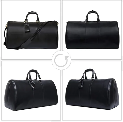 Miniatura 11 de Leathario Bolsa de viaje de cuero genuino para el fin de semana de la noche para los hombres, equipaje de mano, Negro-S, Pequeña, Vintage