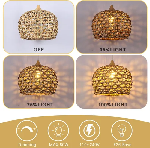 Miniatura 3 de Luces Colgantes Bohemias, Candelabro de Ratán de 1 Luz de 15.7", Luz Colgante de Mimbre Tejida a Mano con Pantalla de Jacinto de Agua, Luz Colgante