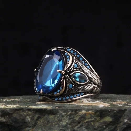 Miniatura 4 de BayVog 925 Sterling Silver Men's Ring, Blue Topaz Gem Stone Men Silver Ring, Handmade Zircon Stone Silver Ring for Men, Blue Stone Silver Ring gifts