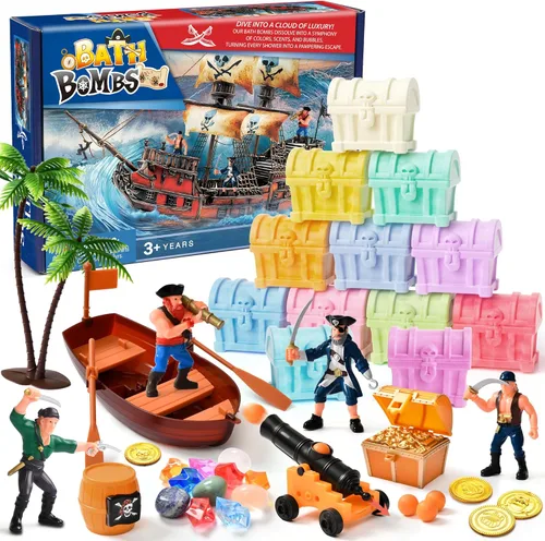 Toylink Bombas de baño para niños con juguetes de gemas de buceo en el interior, paquete de 12 bombas de baño de cofre del tesoro con accesorios