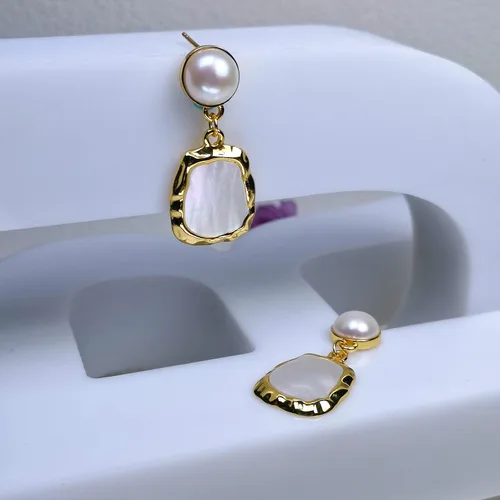 Miniatura 4 de Aretes colgantes de plata de ley 925 chapados en oro de 24 quilates de 9 a 0.374in con botón cultivado en agua dulce blanca y nácar para mujer