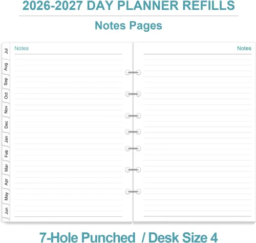 Miniatura 6 de Recambios de agenda 2026-2027, agenda diaria y mensual de una página por día, julio de 2026 a junio de 2027, 7 agujeros perforados, priorizada