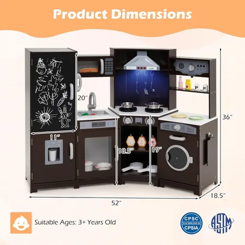 Miniatura 7 de GLACER Cocina de madera de esquina para niños, juego de cocina grande con sonido, luz, pizarra, microondas, máquina de hielo, lavadora, accesorios