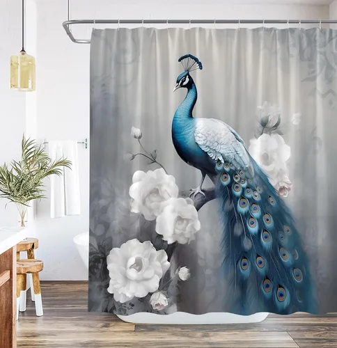 Cortina de ducha de pavo real azul hermoso pájaro asiático, plumas de pavo real, estilo chino, vintage, lavable a máquina, tela para decoración de
