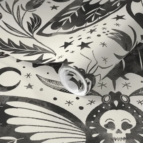 Miniatura 2 de Muestro de papel tapiz extraíble – Acuarela Cráneo Polilla Damasco Negro Blanco Flor Estrellas Elegante Tinta Magia Papel pintado personalizado