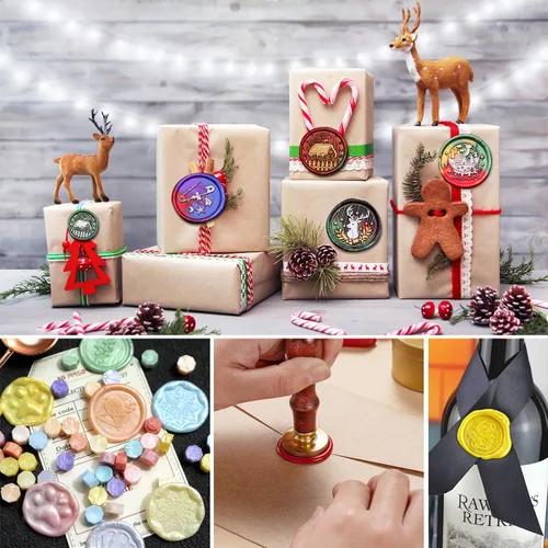 Miniatura 5 de Juego de 300 cuentas de cera de sellado dorado champán para sello de cera con velas y cuchara de fusión, perfecto para tarjetas de Navidad