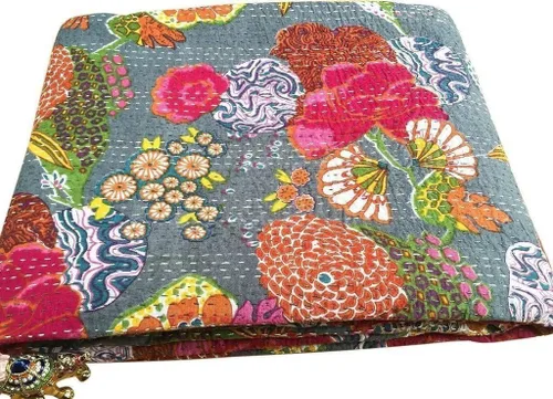 Miniatura 26 de Sophia-Art Colcha reversible de frutas indias para cama individual/king con patrón Gudri de algodón puro estilo Kantha, colcha decorativa con Rosa