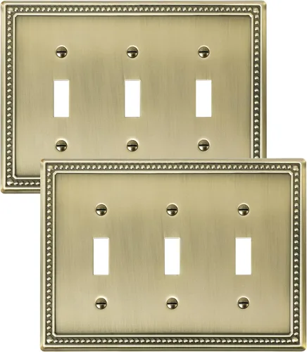 Paquete de 2 placas de triple interruptor de luz de palanca, cubiertas decorativas de perlas, placa de pared de metal de 3 segmentos de latón Latón