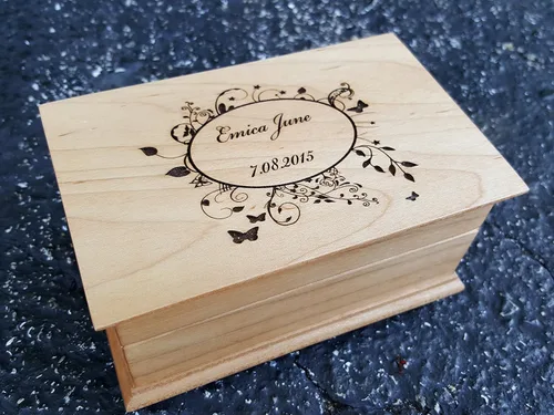 Custom engraved wooden music box, jewelry box, with your choice of name and date on top, color and song