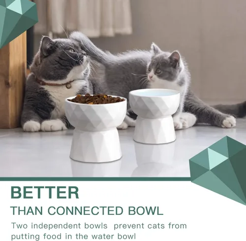 Miniatura 6 de Frewinky Cuencos para gatos, cuencos de cerámica para gatos antivómitos, juego de cuencos elevados para alimentos y agua para gatos y perros Blanco
