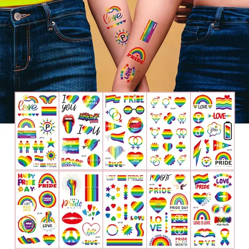 Miniatura 6 de Tatuajes del orgullo LGBT arco iris temporales tatuajes pegatinas de día del orgullo gay tatuaje falso corazón amor arco iris bandera diseños