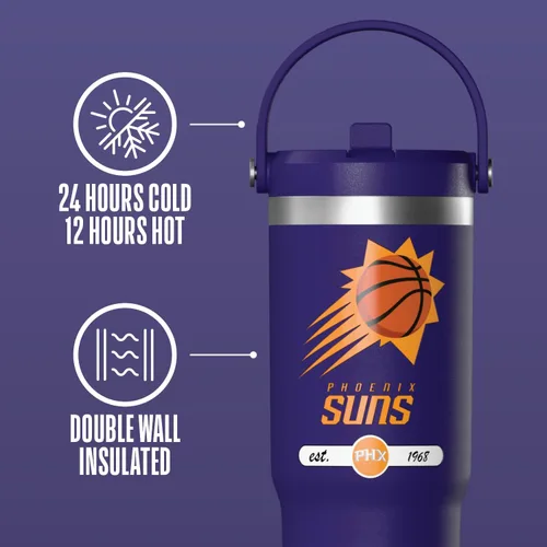 Miniatura 3 de Hydrapeak x NBA Vaso Nomad con Licencia Oficial de Phoenix Suns de 32 oz con Asa y Tapa con Popote, Botella de Agua de Acero Inoxidable a Prueba