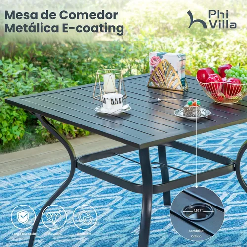Miniatura 7 de PHI VILLA Juego de comedor de 5 piezas para patio al aire libre con sillas giratorias (azul) y mesa de comedor de acero de metal de 37 x 37 pulgadas