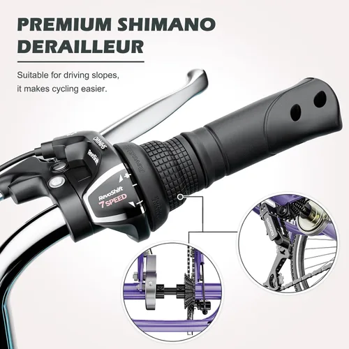 Miniatura 2 de H&ZT Triciclo para adultos, bicicleta de 3 ruedas, triciclo crucero, con cambio de 7 velocidades, manilla de freno de estacionamiento, paso bajo