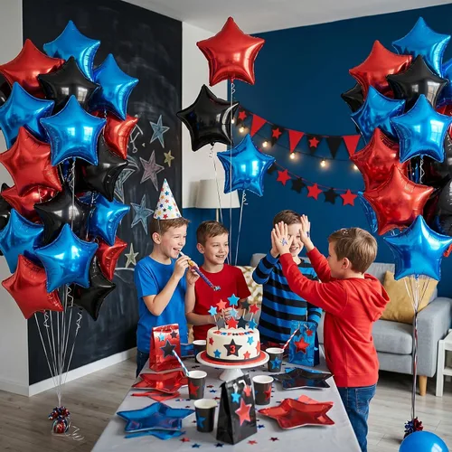Miniatura 4 de Globos de estrellas rojas, azules y negras, globo de papel de aluminio de 18 pulgadas para helio, paquete de 10 globos rojos y azules, globo de Negro