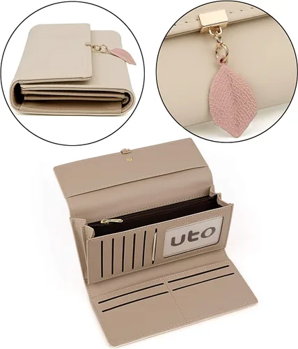Miniatura 10 de UTO - Cartera pequeña RFID de piel sintética con dije de hoja, cierre de cremallera y tarjetero.