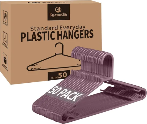 Miniatura 9 de Byomostor Perchas de plástico negro, paquete de 50 perchas ligeras y duraderas en forma de G, tamaño estándar, antideslizantes, perchas para ropa