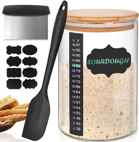 Kmise Tarro para Masa Madre, Kit de Tarro para Masa Madre de Vidrio DIY Pro de 34 Oz con Termómetro, Espátula de Silicona, Calcomanías de Pizarra y