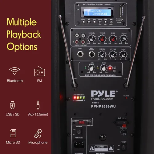 Miniatura 3 de Sistema de altavoces portátil para karaoke Pyle PA - Altavoz activo alimentado de 1600W compatible con Bluetooth, batería recargable, ruedas