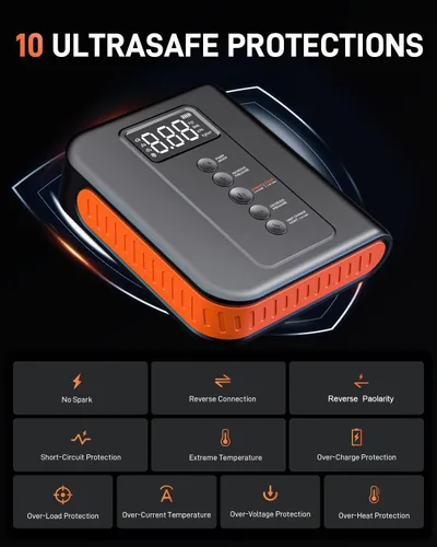 Miniatura 6 de Arrancador de batería con compresor de aire para automóvil, paquete de energía portátil de 10000mAh 150PSI inflador de neumáticos, carga USB, luz