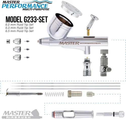 Miniatura 3 de Master Airbrush G233-SET Multi-Master Performance G233 Pro Set de aerógrafo de doble acción con alimentación por gravedad con 3 boquillas