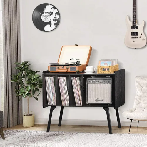 Miniatura 4 de Lerliuo Soporte para tocadiscos con 4 gabinetes con capacidad para hasta 220 álbumes, soporte giratorio grande negro con patas de madera de haya