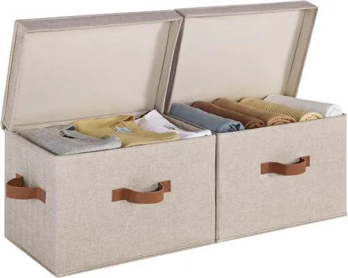 Miniatura 21 de StorageWorks Contenedores de almacenamiento de tela con tapa, cajas de almacenamiento decorativas para estantes, cesta organizadora de armario Beige