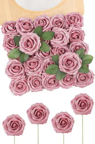 Miniatura 25 de N&T NIETING 25 unidades de flores artificiales, Rosas de espuma artificial de sensación real al tacto, decoración para boda, dama de honor, ramo