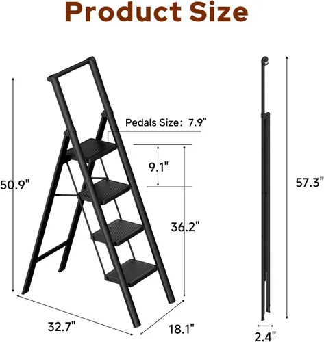 Miniatura 7 de Escalera Plegable de Hierro de 4 Escalones Taburete Escalón con Antideslizante y Pedal Ancho para Uso en el Hogar y la Cocina Ahorro de Espacio Negro