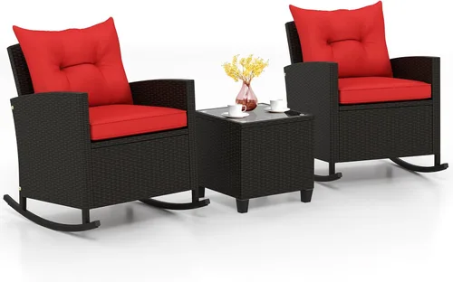 Miniatura 11 de KOTEK Juego de 3 piezas de muebles de patio, mecedoras de mimbre para exteriores y mesa de cristal, juego de conversación de ratán PE para porche