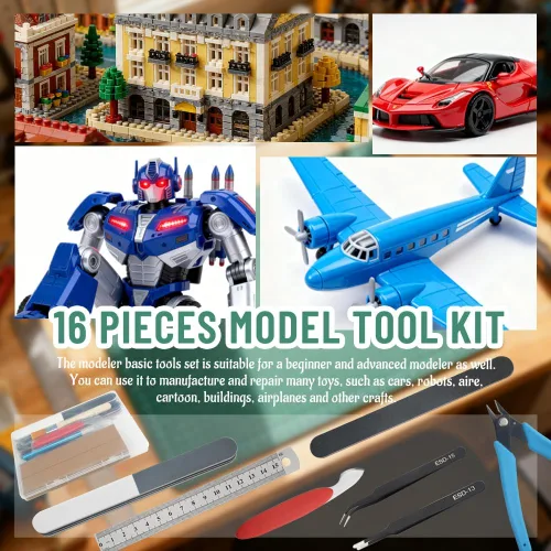Miniatura 7 de Bigstone Kit de herramientas de modelado básico de 16 piezas, herramientas de construcción para automóviles, aviones, edificios, robots, modelos