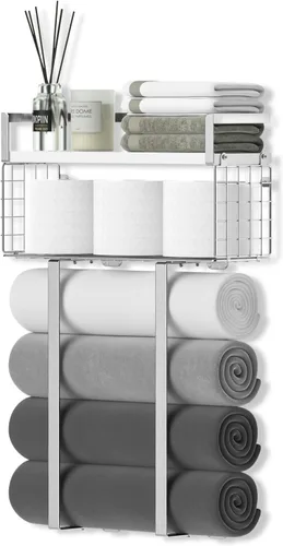 Miniatura 16 de Xstydes Toalleros para baño, toallero de metal con cesta de almacenamiento, toallero de pared para toallas enrolladas, almacenamiento de toallas