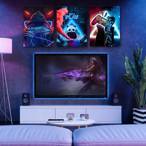 Miniatura 3 de Lienzo enmarcado de 3 piezas para sala de juegos, arte decorativo de pared, lienzo de videojuegos, lienzo de neón, impresión de póster para niños