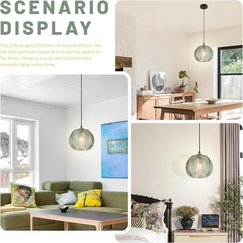 Miniatura 4 de Green Hand Blown Glass Globe Pendant Lights Mid Century Modern Ceiling Hanging Light Fixtures 8.2“ Farmhouse Striped Gold Chandelier for Kitchen