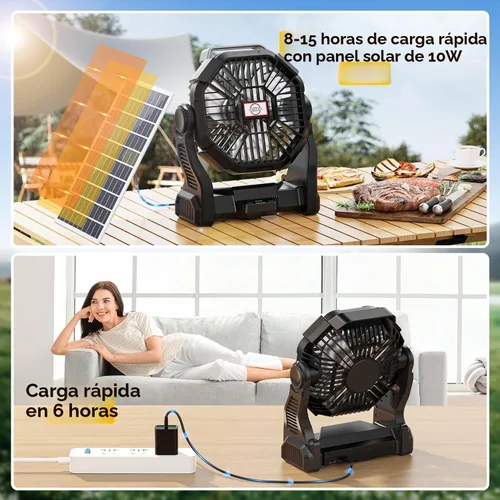 Miniatura 2 de Ventilador Solar de 20000mAh con Farol LED, Panel Solar Recargable de 10W, Ventilador de Camping Alimentado por Batería para Exteriores, de 9