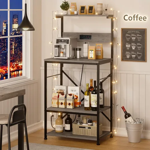 Miniatura 5 de JAMFLY Estante para hornear de cocina con toma de corriente, soporte para microondas con 6 ganchos en forma de S, barra de café de 4 niveles