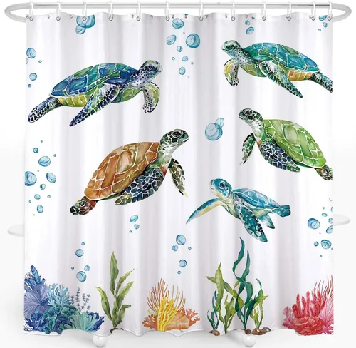 Cortina de ducha de tortuga marina para baño, cortina decorativa costera de baño, 72 x 72 pulgadas, tela de poliéster, cortinas de baño impermeables