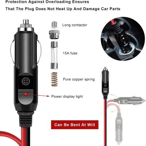 Miniatura 3 de Enchufe macho para encendedor de cigarrillos fusionado, adaptador de enchufe de encendedor de cigarrillos de 12 V 24 V con cables y luz LED, kit