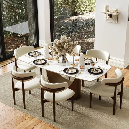 Miniatura 14 de POVISON Juego de mesa de comedor para 4, mesa rectangular negra de piedra sinterizada mate de 63 pulgadas con base de acero al carbono bronce, silla