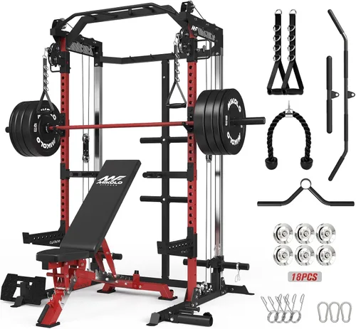 Miniatura 11 de Mikolo HR06 Power Cage with Aluminum Pulleys, 2000LB Power Rack with Independent Dual Pulley System, Multi-Function Home Gym Workout Machine for