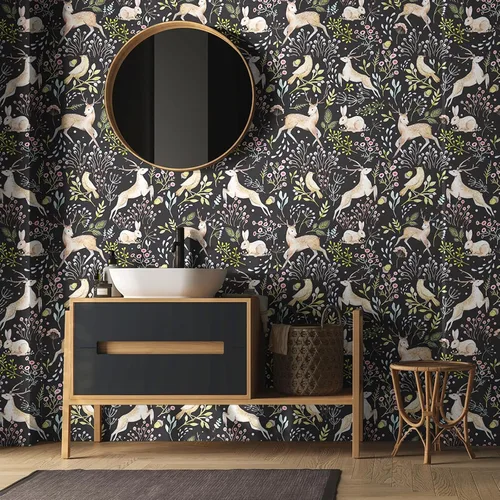 Miniatura 6 de VaryStyle Papel tapiz de 17.7 x 118 pulgadas con diseño de animales del bosque, selva, lindo ciervo, conejo, pájaro, musgo, floral, papel