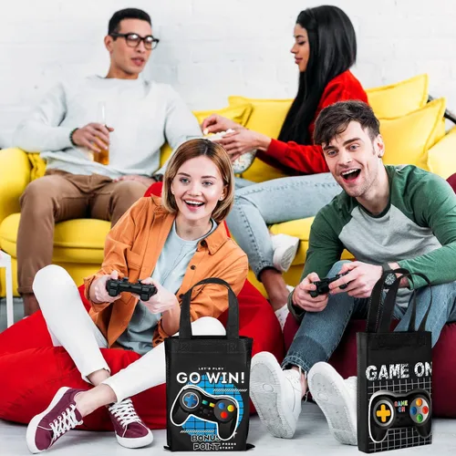 Miniatura 4 de Ferraycle Paquete de 24 bolsas de regalo con temática de videojuegos, recuerdos de fiesta de videojuegos, no tejidas, reutilizables, con asas