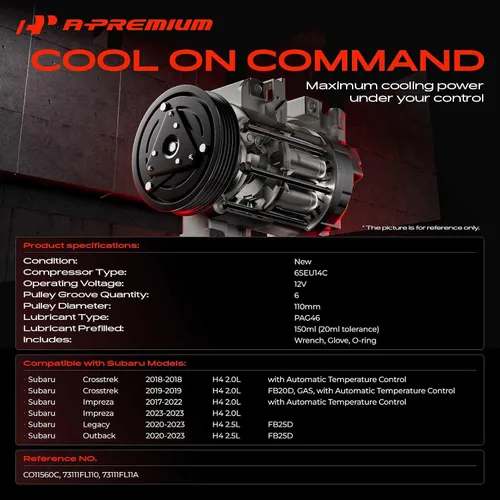 Miniatura 2 de A-Premium Compresor de A/C con embrague compatible con Subaru Outback 2020-2023 2.5L, Legacy 2020-2023 2.5L, Impreza 2017-2023 2.0L, Crosstrek