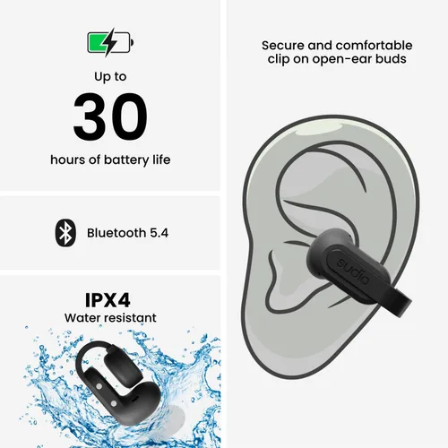 Miniatura 6 de Sudio Audio B3 Auriculares inalámbricos de oreja abierta – Auriculares Bluetooth 5.3 con clip con ajuste seguro, resistentes al sudor, micrófono