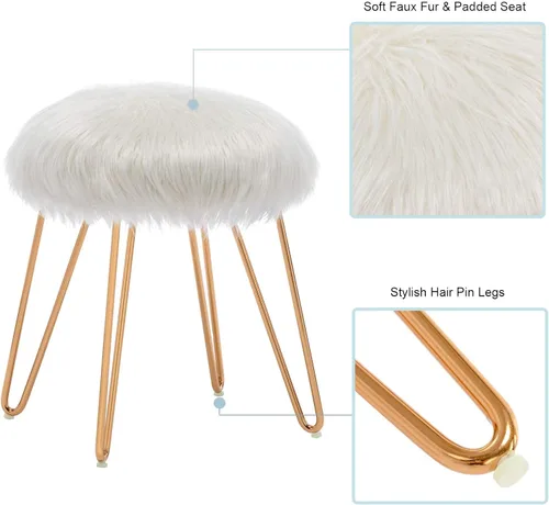 Miniatura 5 de DUHOME Otomana de piel sintética, taburete de maquillaje redondo con patas de metal dorado para dormitorio, sala de estar, color blanco