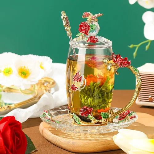 Miniatura 6 de Taza de Té de Cristal Taza de Café con Tapa Platillo Cuchara Regalo de Cumpleaños Navidad para Mujeres Amigas Mujer Abuela Mamá Hermana Decoración