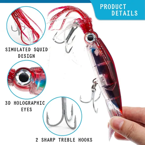 Miniatura 4 de Señuelos de pesca de calamar con cola de pulpo - Cabeza de anzuelo con luz de plástico suave - Kit de cebo para pesca de trucha y lubina