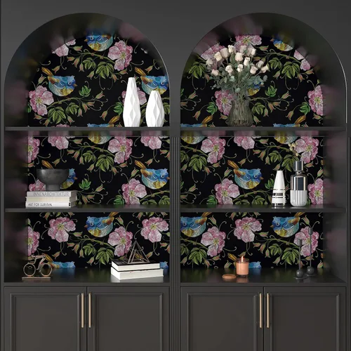 Miniatura 5 de CHIHUT Papel tapiz bordado de 17.7 x 100 pulgadas, diseño floral de pájaro, color negro, rosa, flores silvestres, azul, Wren, papel tapiz