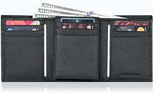 Miniatura 8 de Billetera de tres pliegues para hombre Cartera de piel auténtica con bloqueo RFID con 9 ranuras para tarjetas
